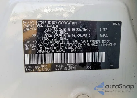 2017 Toyota Rav4 Le z USA, uszkodzony, nr VIN JTMBFREV5HJ141359